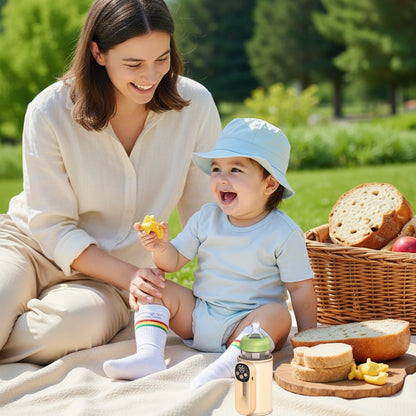 chauffe-biberon beige bébé et sa maman assis sur le gazon au parc
