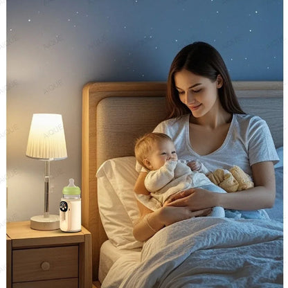 chauffe-biberon beige maman assis sur le lit avec son enfant
