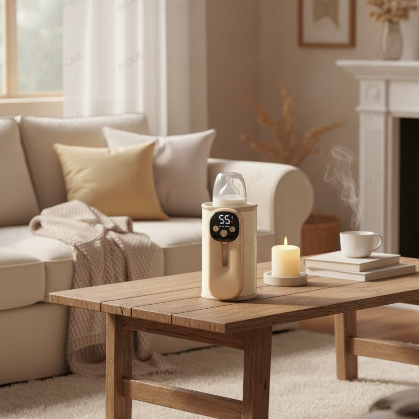 chauffe-biberon beige pose sur la table au salon