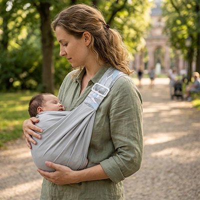Echarpe de portage gris, maman qui porte son bébé tranquillement