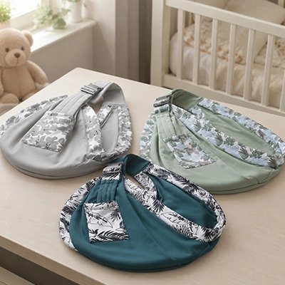 Echarpe de portage gris, vert clair, vert foncé, étalés sur une table 