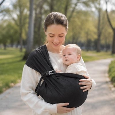Echarpe de portage noir, bébé qui regarde la nature accompagné de sa mère