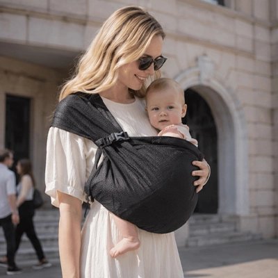 Echarpe de portage noir, bébé très confortable dans les bras de sa maman