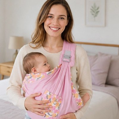 Echarpe de portage rose bébé dans les bras de sa maman dans la maison