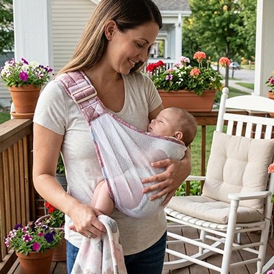 Echarpe de portage rose maman sur la terrasse avec son bébé