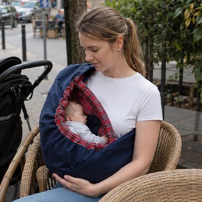Echarpe de portage rouge, maman assise regardant son bébé dormi 