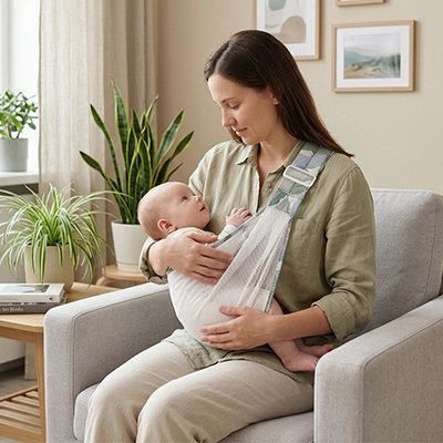 Echarpe de portage vert, bébé qui regarde sa maman