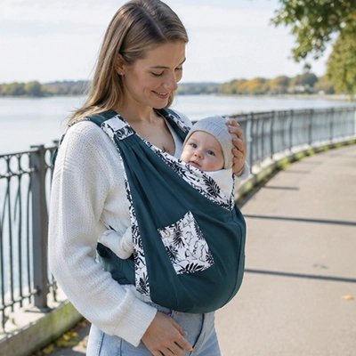 Echarpe de portage vert foncé, bébé très confortable contre sa maman