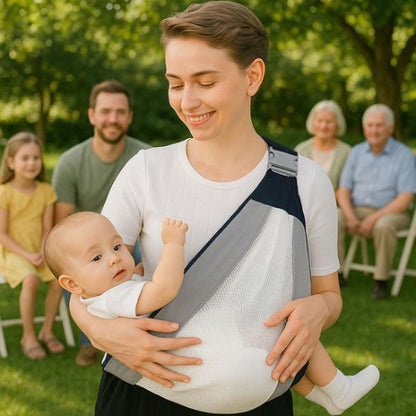 Echarpe de portage gris bébé en sécurité dans les bras de sa maman