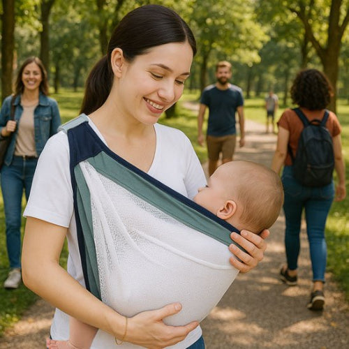 Echarpe de portage vert maman qui porte confortablement son bébé au parc