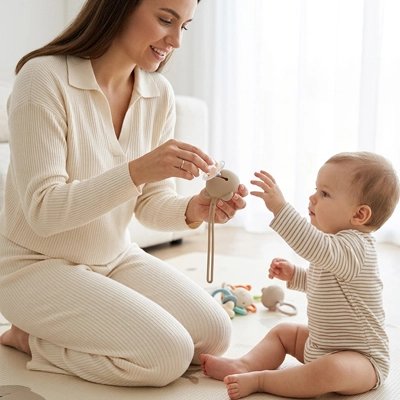 La boite a tetine​ beige maman inserre la tétine que bébé veut attraper dans la boite