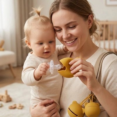 La boite a tetine​ jaune bébé entre les mains de sa maman veut ranger sa tétine