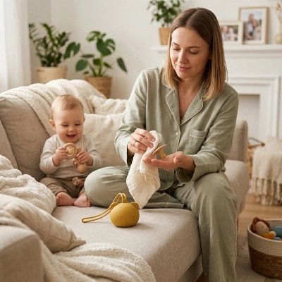 La boite a tetine​ jaune maman nettoie la tétine et bébé  qui joue