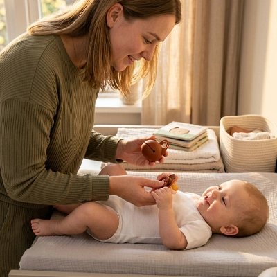 La boite a tetine​ marron bébé couché sur la table à langer