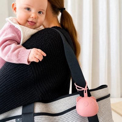 La boite a tetine​ rose attachée sur le sac à langer