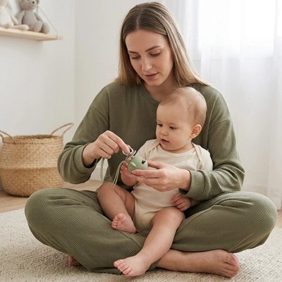 La boite a tetine​ vert bébé regarde maman ranger sa tétine