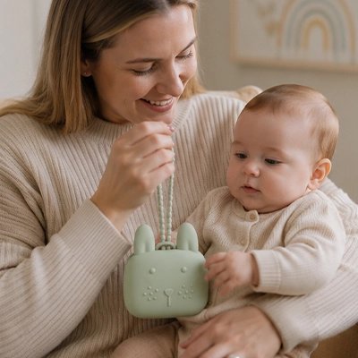 La boite a tetine​ vert maman regarde son bébé en souriant