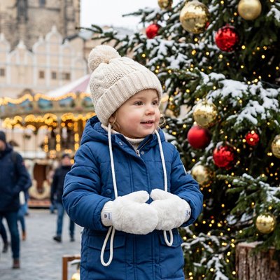 Moufle bébé beige, l'enfant près du sapin de noel