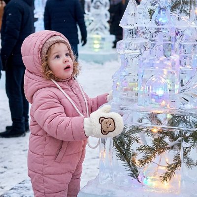Moufle bébé blanc, bébé devant un arbre de noel glacial