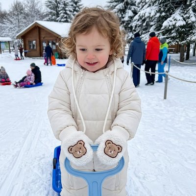 Moufle bébé blanc, l'enfant glisse sur la neige