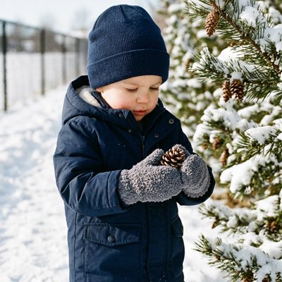 Moufle bébé gris, l'enfant devant un sapin sur la neige