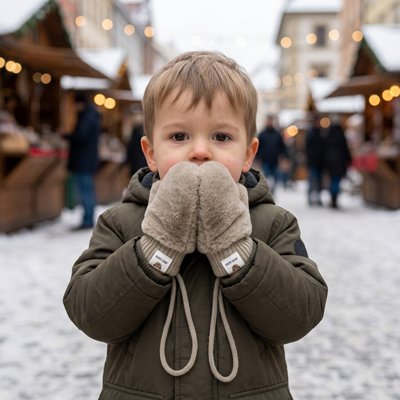 Moufle bébé kaki, l'enfant dans la neige avec ses mains protégées