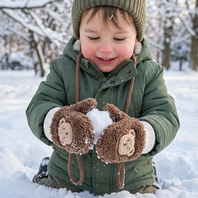 Moufle bébé marron, l'enfant joue dans la neige