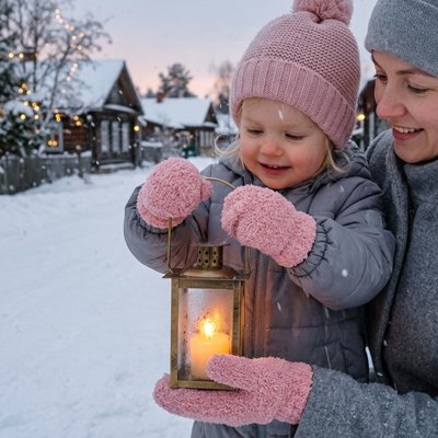 Moufle bébé rose, l'enfant et sa maman tiennent une lampe