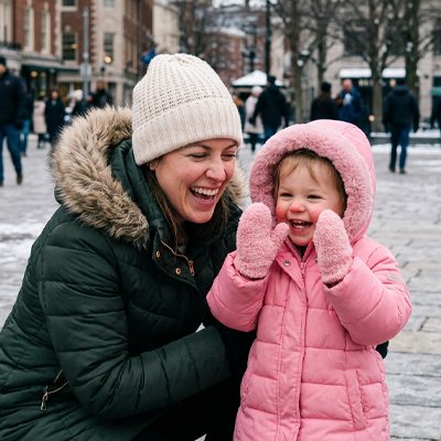 Moufle bébé  rose, maman et son enfant protégées toutes joyeuses