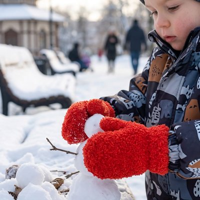 Moufle bébé rouge, l'enfant fait une bonhomme de neige