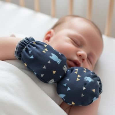 Moufles bebe  bleu, bébé dort dans son lit