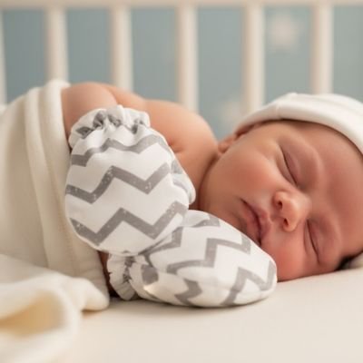 Moufles bebe gris, bébé couché dans son lit 