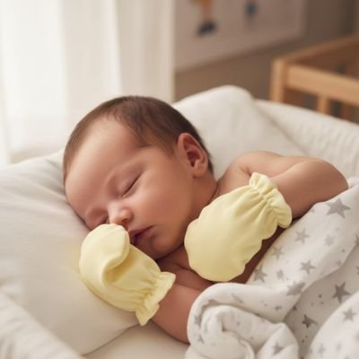 Moufles pour bebe  jaune bébé qui est en sécurité dans son lit