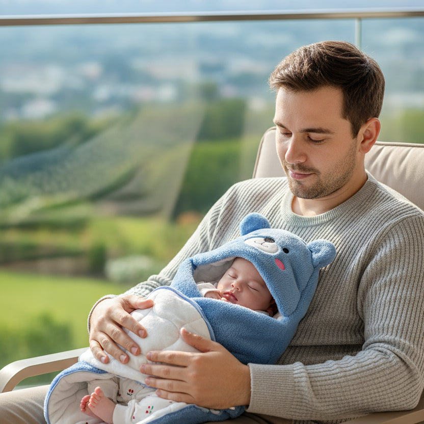 nid d'ange bébé bleu papa assis au balcon avec bébé 