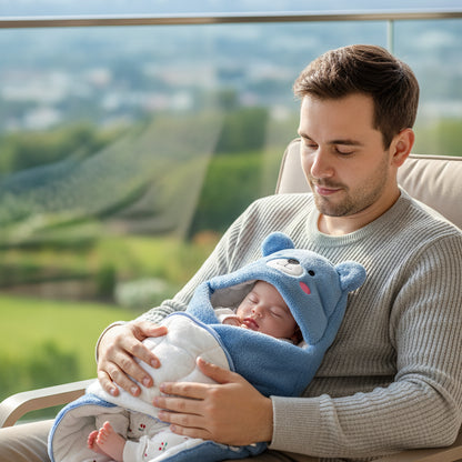 nid d'ange bébé bleu papa assis au balcon avec bébé 
