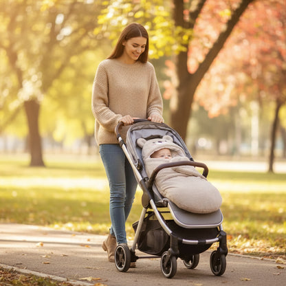 nid d'ange bébé gris clair maman fait une marche au parc avec bébé