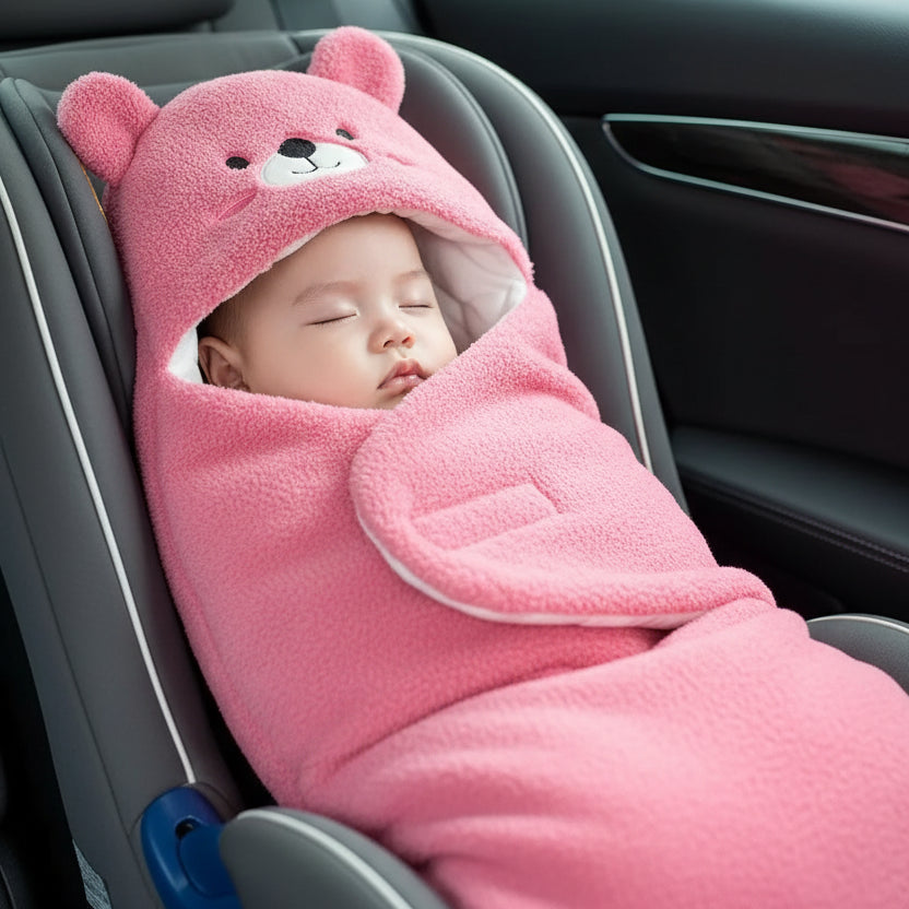 nid d'ange bébé rose bébé dans son siège auto