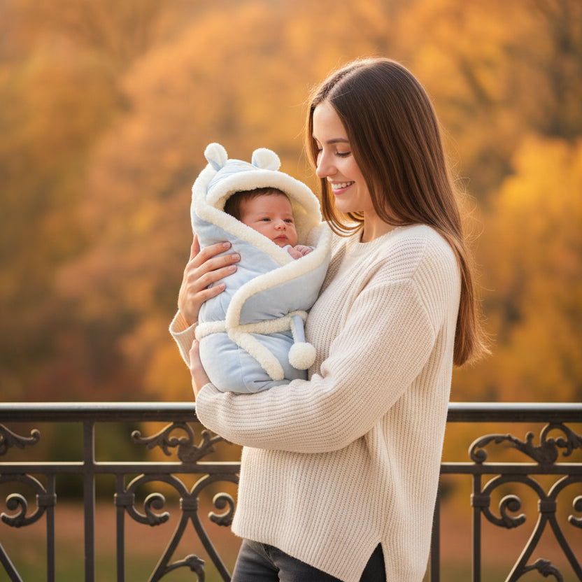nid d'ange bebe bleu maman au balcon avec bébé bien au chaud  en automne