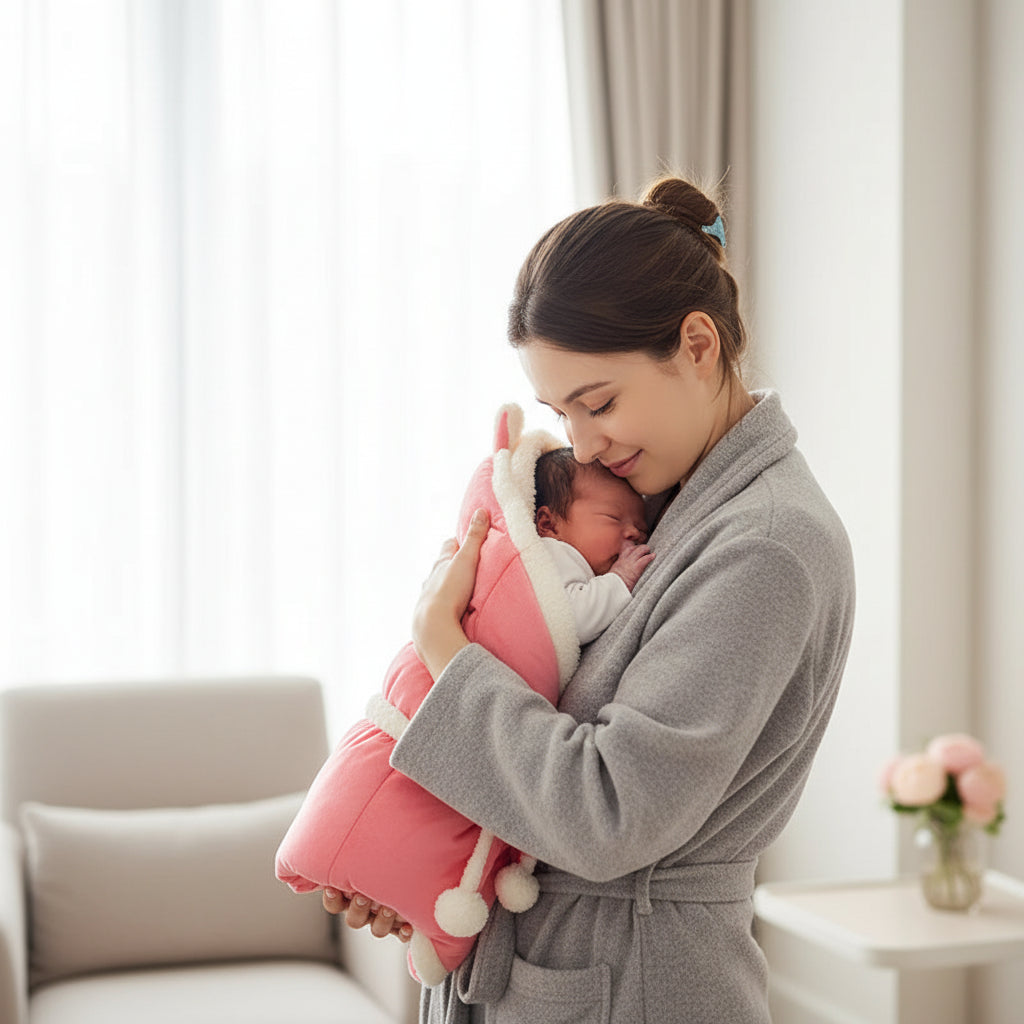 nid d'ange bebe rose, maman qui serre son bébé contre elle 