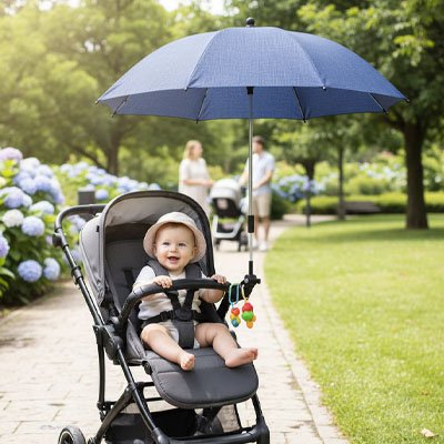 Ombrelle pour poussette​ bleu bébé assis confortablement dans sa poussette en souriant