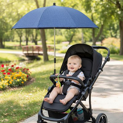 Ombrelle pour poussette​ bleu qui protège bébé assis dans sa poussette du soleil