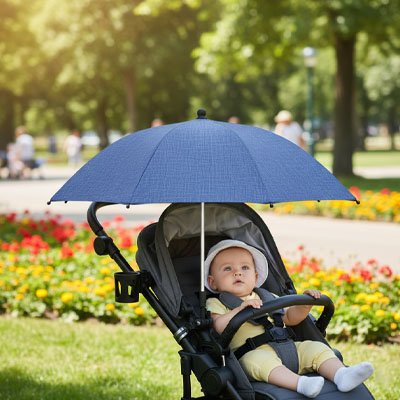 Ombrelle pour poussette​ bleu qui protège le bébé assis dans sa poussette