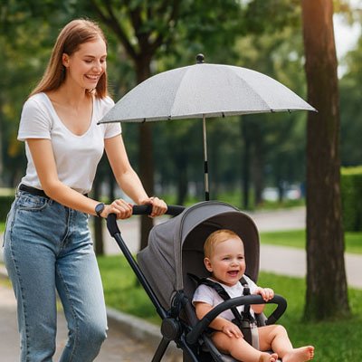 Ombrelle pour poussette​ gris clair maman qui se balade avec son enfant dans la poussette