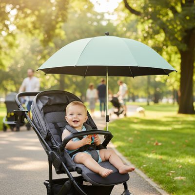 Ombrelle pour poussette​ vert bébé protégé du soleil dans sa poussette
