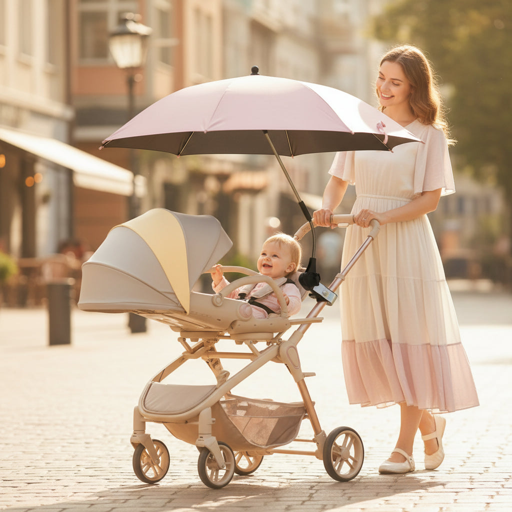 ombrelle poussette rose maman dans rue sous le soleil avec son enfant
