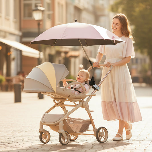ombrelle poussette rose maman dans rue sous le soleil avec son enfant