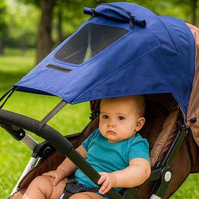 Par soleil pour poussette​ bleu, bébé assis dans sa poussette