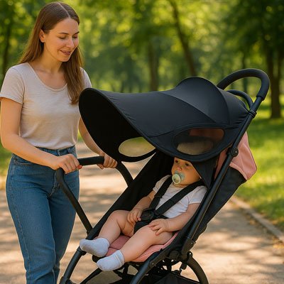 Par soleil pour poussette​ noir bébé avec la tétine dans la bouche se balade avec sa maman