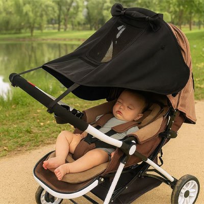 Par soleil pour poussette​ noir, bébé qui dort dans sa poussette 