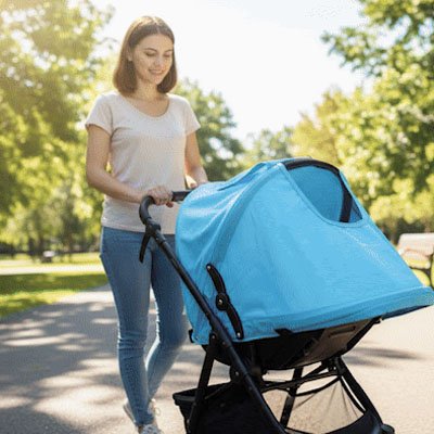 Pare soleil  poussette​ bleu maman se balade avec son bébé bien protégé du soleil